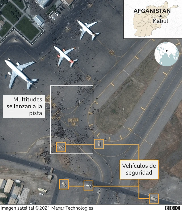 Imagen satelital muestra las multitudes en la pista del aeropuerto