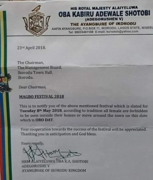 Letter wey tok say make women no show face