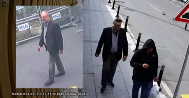 Jamal Khashoggi (à esquerda) e um homem vestido como ele (à direita) – exceto pelos sapatos