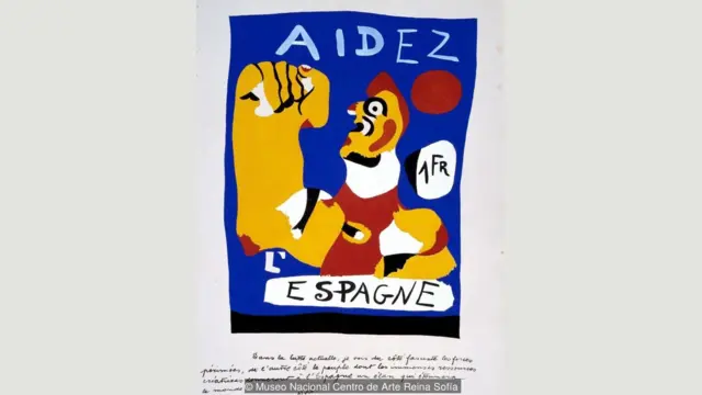 "به اسپانیا کمک کنید" یکی از طراحی‌های خوان میرو برای تمبر با هدف جمع‌آوری کمک مالی برای جمهوری اسپانیا یکی از اولین آثار سیاسی این هنرمند بود.