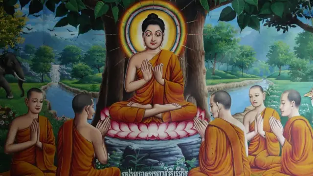 Le Bouddha est représenté avec une auréole dans des images du monde entier, comme dans cette fresque d'un temple cambodgien