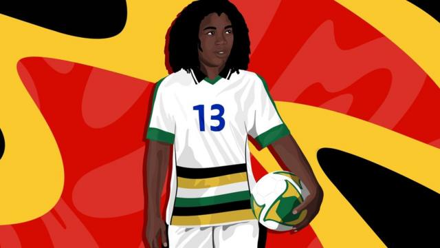 Une illustration de la footballeuse Eudy Simelane, portant le maillot national de l'Afrique du Sud et tenant un ballon de football, sur fond rouge, jaune et noir