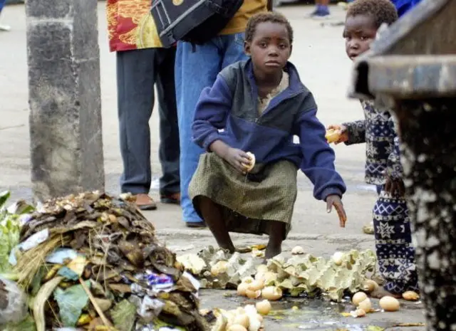ความล้มเหลวทางเศรษฐกิจส่งผลถึงประชาชนทั่วไป เด็กหญิงในกรุงฮาราเรเก็บอาหารที่พอกินได้จากกองขยะ