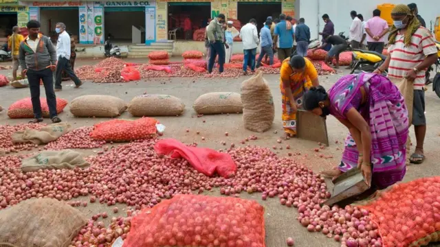 বাজারে পেঁয়াজ আনছেন চাষিরা।