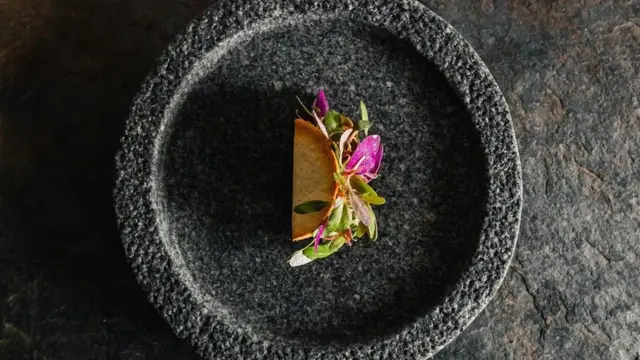 Galleta, jamón de pato, emulsión de hierbas silvestres y chicha de yuca.