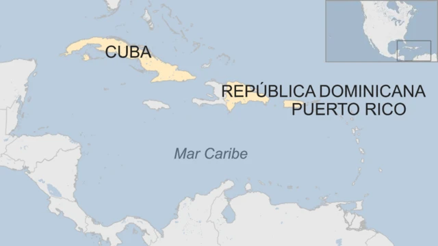 Mapa de la región del Mar Caribe con Cuba, República Dominicana y Puerto Rico marcados.