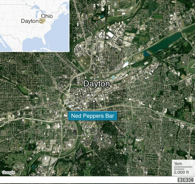 A map shows Ned Peppers Bar in Dayton, Ohio