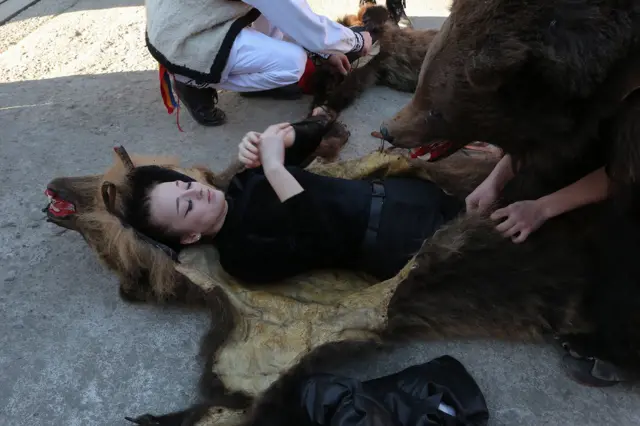 Oblačenje kostima nije nimalo lako, traje dugo i zahteva pomoć ostalih učesnika. Prvo se legne na medveđu kožu, koju zatim neko drugi obavija oko ekstremiteta postepeno je uvezujući.