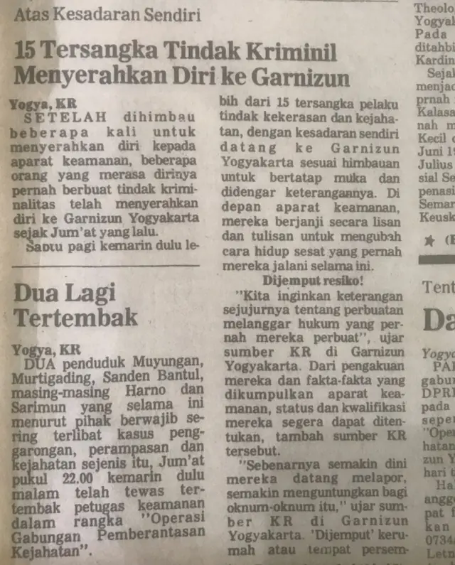 Penembakan misterius 1982-1986, petrus, Operasi Pemberantasan Kejahatan (OPK), Yogyakarta, Pondjo Brindil, Kedaulatan Rakyat