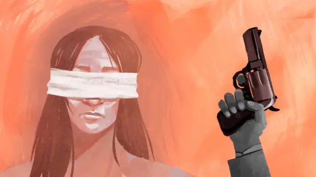 Illustration of a blindfolded woman and a hand holding a revolver