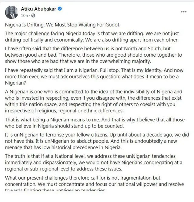 Ọrọ ti Atiku sọ loju opo Facebook rẹ