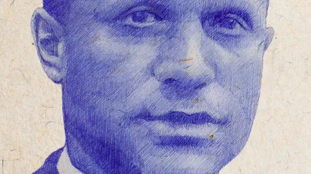 Portrait de Marcel Bich avec du stylo à l'encre bleue