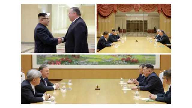 지난 9일 김정은 국무위원장이 북한을 방문한 마이크 폼페오 미국 국무장관과 만난 자리. 폼페오 오른쪽에 배석한 앤드류 김