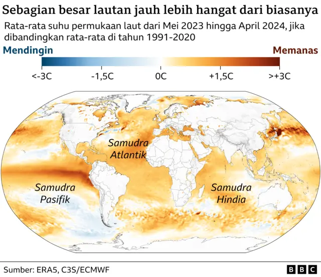 Peta rata-rata suhu permukaan laut Mei 2023 hingga April 2024 dibandingkan rata-rata tahun 1991-2020. Sebagian besar lautan di dunia jauh lebih panas dari biasanya.