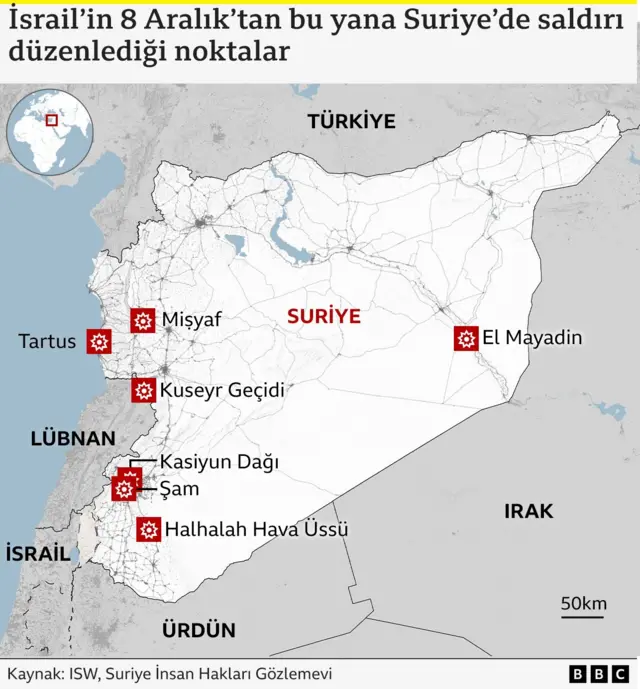 İsrail'in Suriye'de vurduğu hedefleri gösteren harita