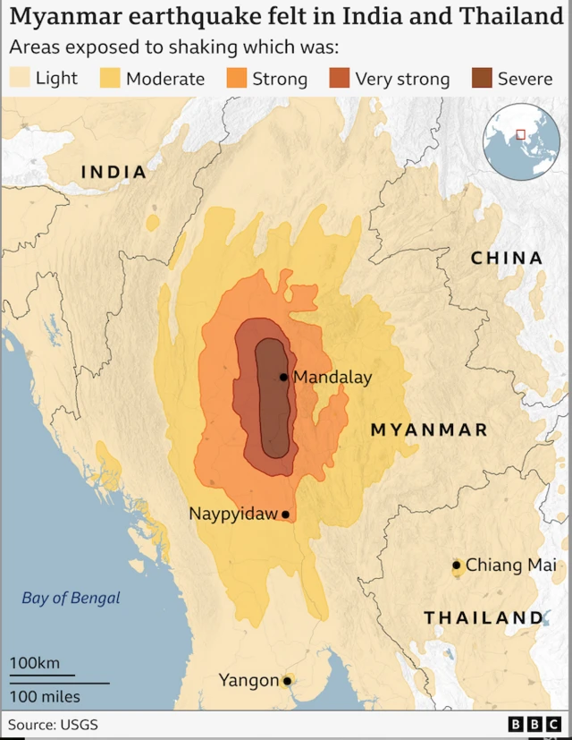 Map shows shaking felt in Myanmar's neighbouring countries
