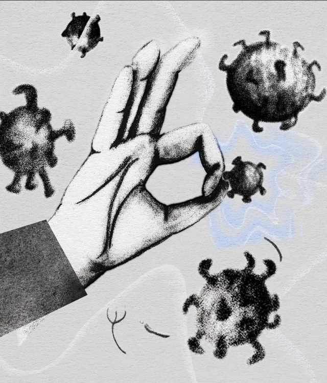 Илустрација људске руке која држи лебдеће бациле около, позадина је светло плаво сива