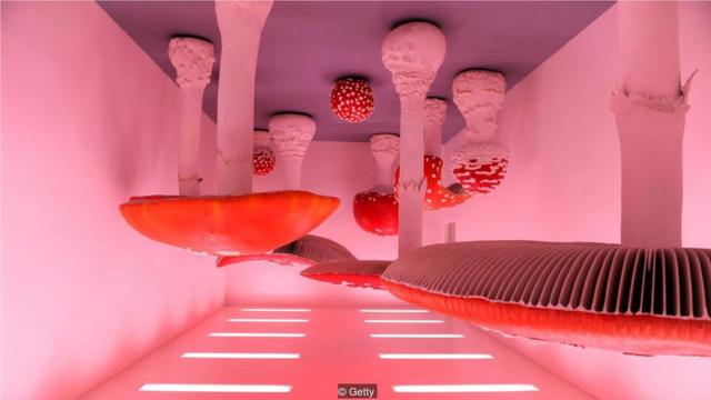 霍勒的作品《倒过来的蘑菇屋》创作于2000年，在天花板上挂着蘑菇。