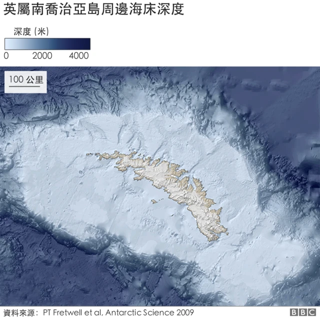 衛星圖片:英屬南喬治亞島周邊海牀深度