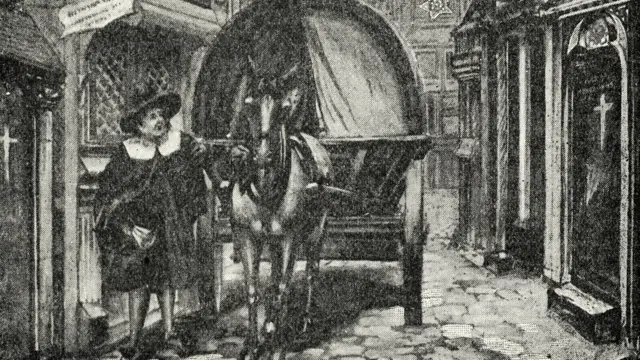 Ilustración que muestra un carro que recoge muertes durante la plaga en Londres en el siglo XVII