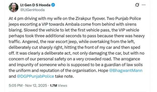 ਰਿਟਾਇਰਡ ਲੈਫਟੀਨੈਂਟ ਜਨਰਲ ਡੀਐਸ ਹੁੱਡਾ ਦੀ ਪੋਸਟ