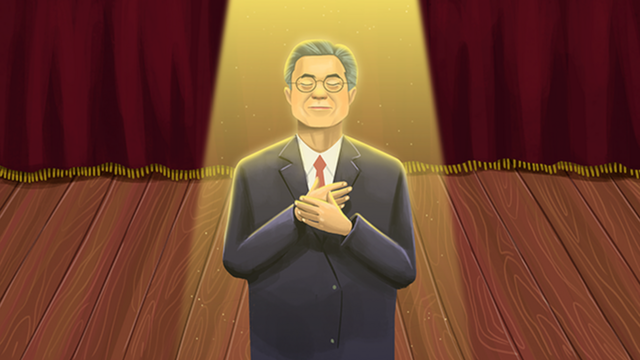 An illustration of South Korean President Moon Jae-in standing on a theatre stage with his hands in front of his chest, looking upwards.