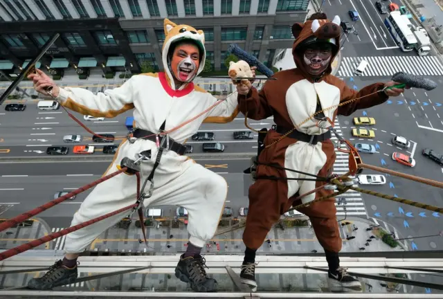 عاملان يلبسان زي على شكل كلب وخنزير بري