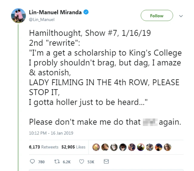 Lin Manuel Miranda raps fan for filming Hamilton