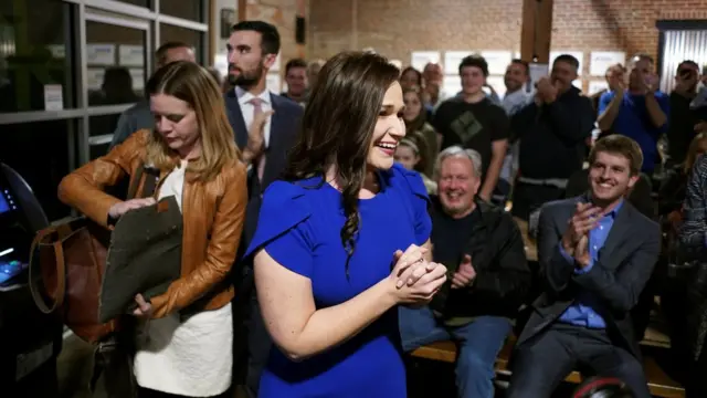 Democratic congressional candidate Abby Finkenauer reacts after appearing at her midterm election night party in Dubuque, Iowa,