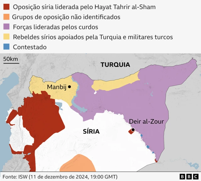 Mapa mostrando quais grupos estão no controle do norte da Síria - com rebeldes liderados pelos curdos a leste e grupos apoiados pela Turquia a oeste