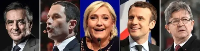 Abakandida b'ingenzi ni batanu: (Ibumoso ugana iburyo) Francois Fillon, Benoît Hamon, Marine Le Pen, Emmanuel Macron na Jean-Luc Mélenchon