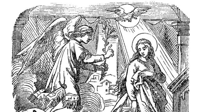 Dessin ou gravure ancienne de l'histoire biblique de l'ange Gabriel parlant à la vierge Marie de la conception immaculée et de la naissance de Jésus.Bible, Nouveau Testament,Luc 1. Biblische Geschichte , Allemagne 1859.