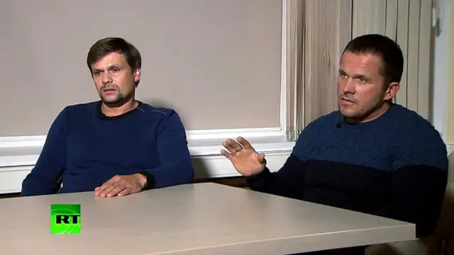 Ruslan Boshirov (ibumoso) na Alexander Petrov mu kiganiro na televiziyo Russia Today ya leta y'Uburusiya cyatangajwe ku itariki ya 13 y'uku kwezi kwa cyenda