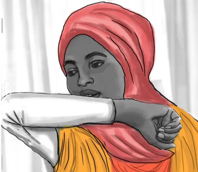 Colourful sketch of woman coughing into her arm