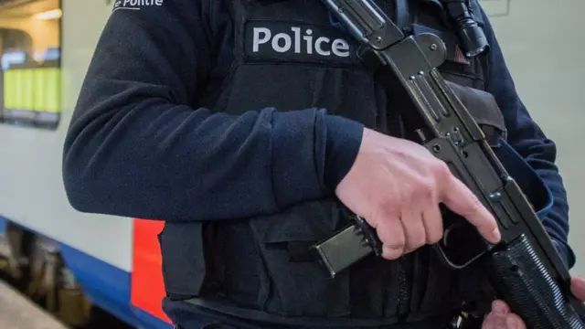 A Belgian police officer on patrol in Brussels