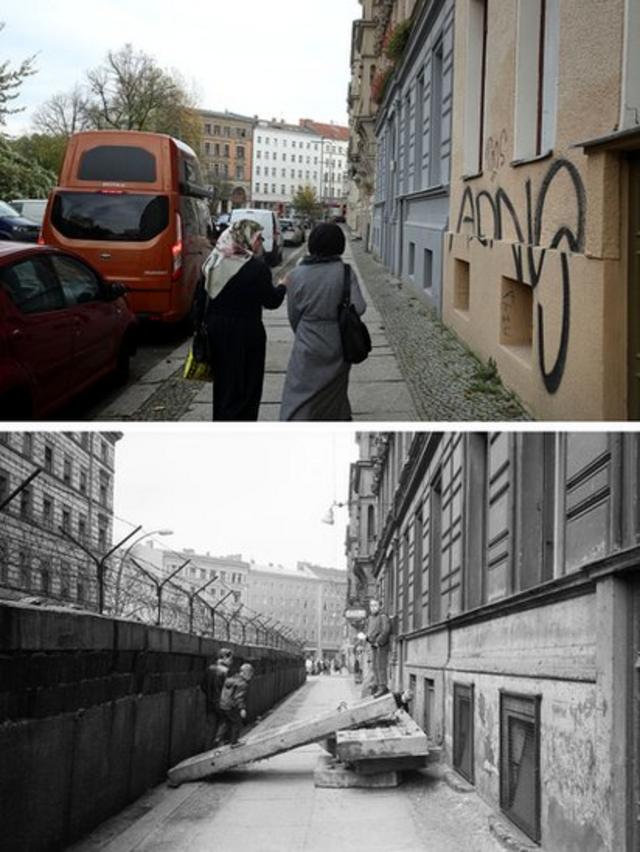 Две женщины идут по Себастьянштрассе, вдоль того места, где стояла Берлинская стена (октябрь 2019 г.). На фото ниже - то же самое место в 1963 году)