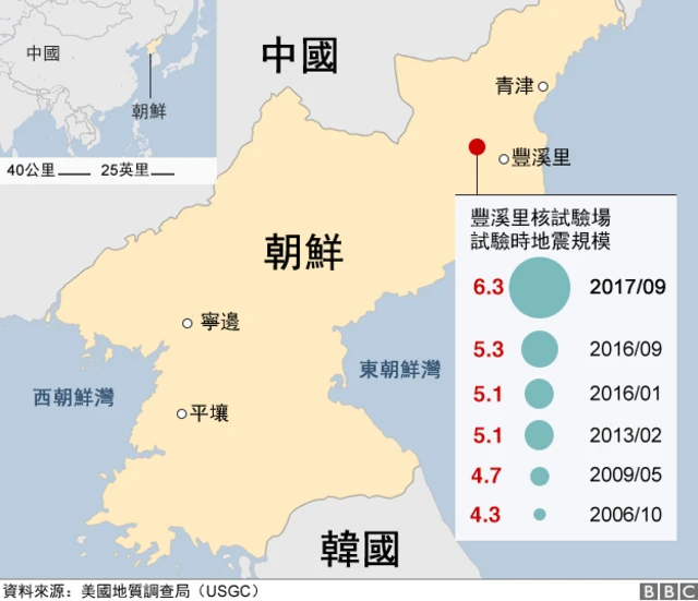 地图：丰溪里历次核试验地震纪录