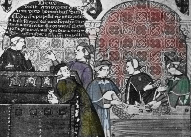 Banqueros italianos medievales contando sus bienes y atendiendo gente