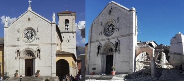 Foto sebelum dan sesudah gempa dari bangunan Katedral Santo Benediktus dari abad 14.