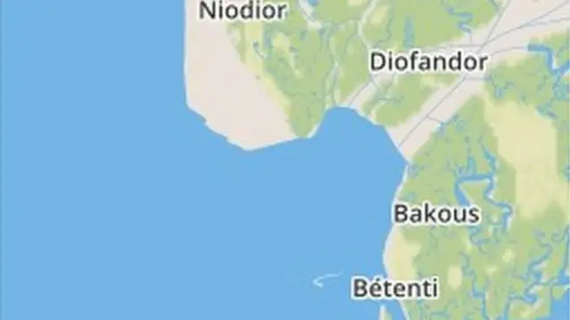 Une carte des îles du Saloum, près de Sangomar, avec Bétenti au Sud de Niodior, Diofandor et Bakous