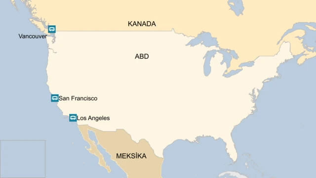 Kuzey Amerika haritasında Türkiye'nin maç yapma ihtimali olduğu üç şehir gösteriliyor