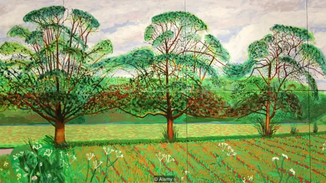 Imagen de los tres [arboles de colores verdes que dibujó Hockney en su Ipad.