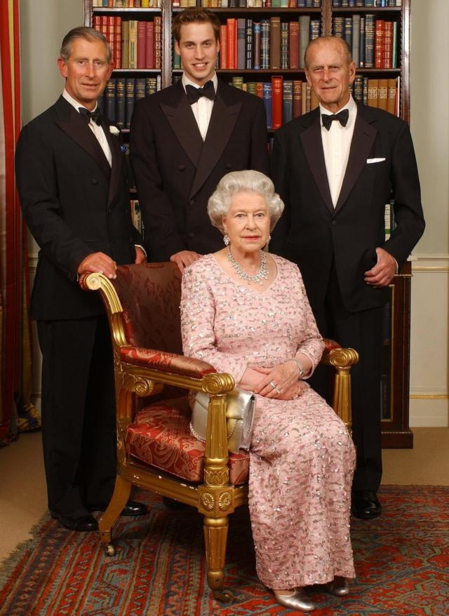 Three generations of the British Royal family - Queen Elizabeth II and her husband, the Duke of Edinburgh, their oldest son, the Prince of Wales, and his oldest son, Prince William, at Clarence House in London
