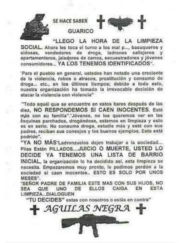 Panfleto firmado por Águilas Negras