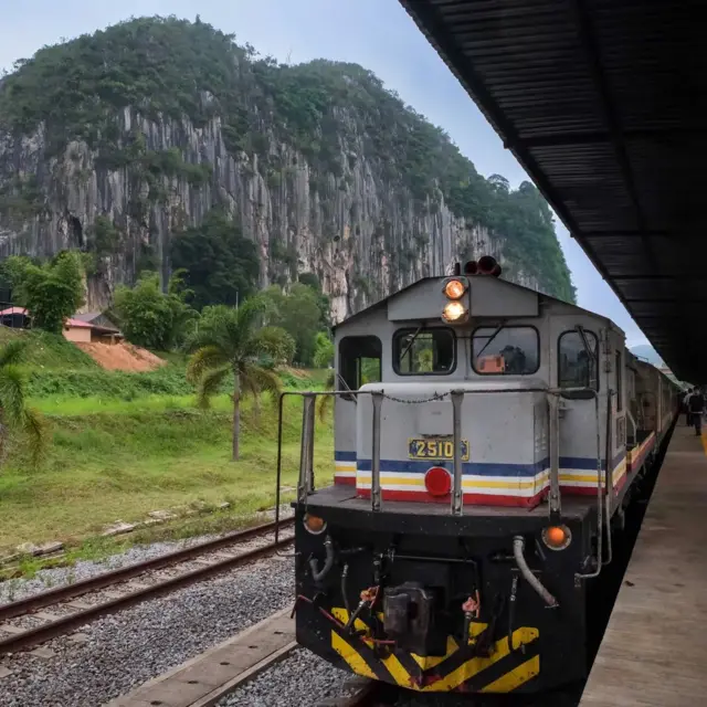 석회암 암석 지대에 정차한 정글 기차