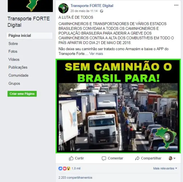 Reprodução da página Transporte Forte Digital, no Facebook