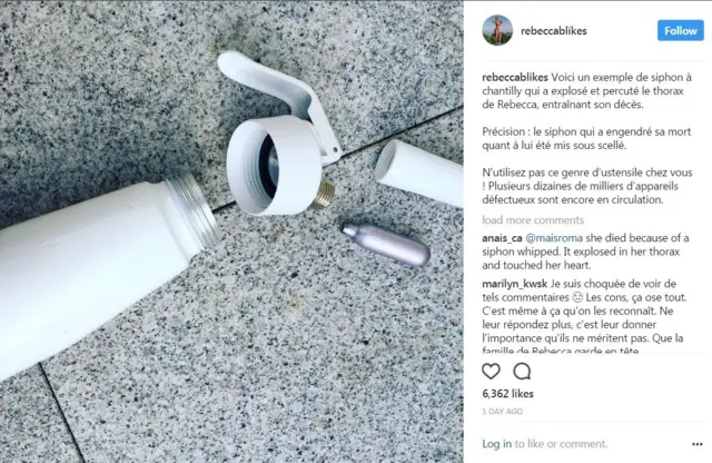 ビュルジェールさんの家族がインスタグラムに投稿した写真には「爆発した生クリーム泡立てサイフォンの例」との説明が書き添えられている