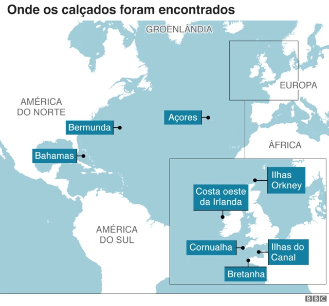 Mapa onde calçados foram encontrados