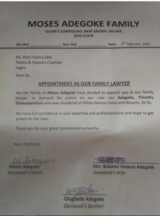 Iwe ti ẹbi Adegoke fi gba Femi Falana bii agbẹjọro rẹ