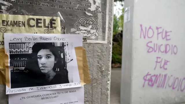 Foto de Lesvy Berlín Osorio y grafiti afirmando que su muerte no fue un suicidio